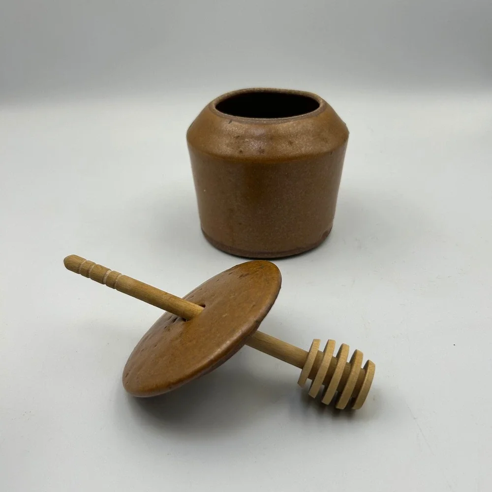 VTG Primitive Honey Pot Studio Pottery Brown Stoneware Dipper Rustic Cottagecore